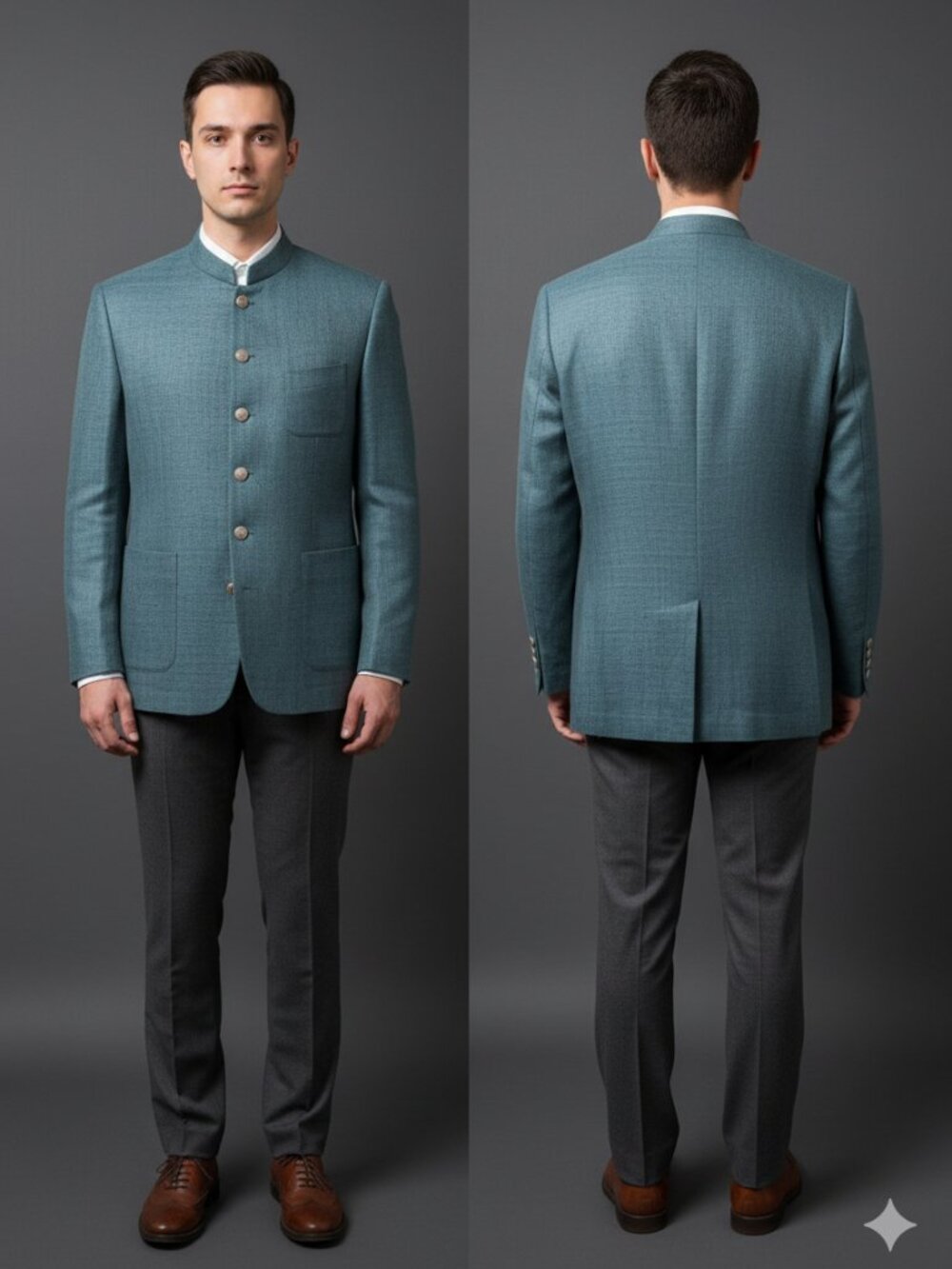 Teal Blue Mandarin Collar Bandhgala Blazer